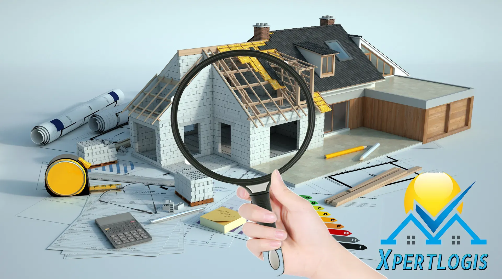 Visualisation 3D d’une maison en construction sur ses plans avec outils de chantier, une main tenant une loupe inspecte le chantier, logo Xpertlogis en bas à droite